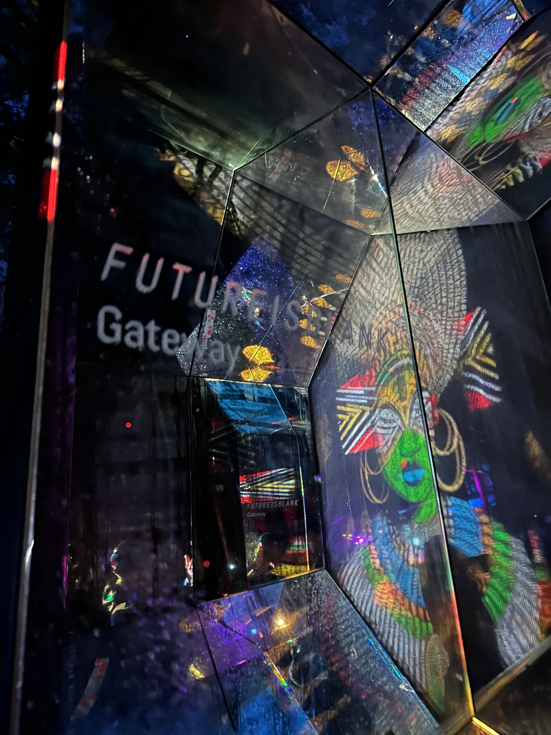 Futureisblank lettering reflected within the mirrored installation