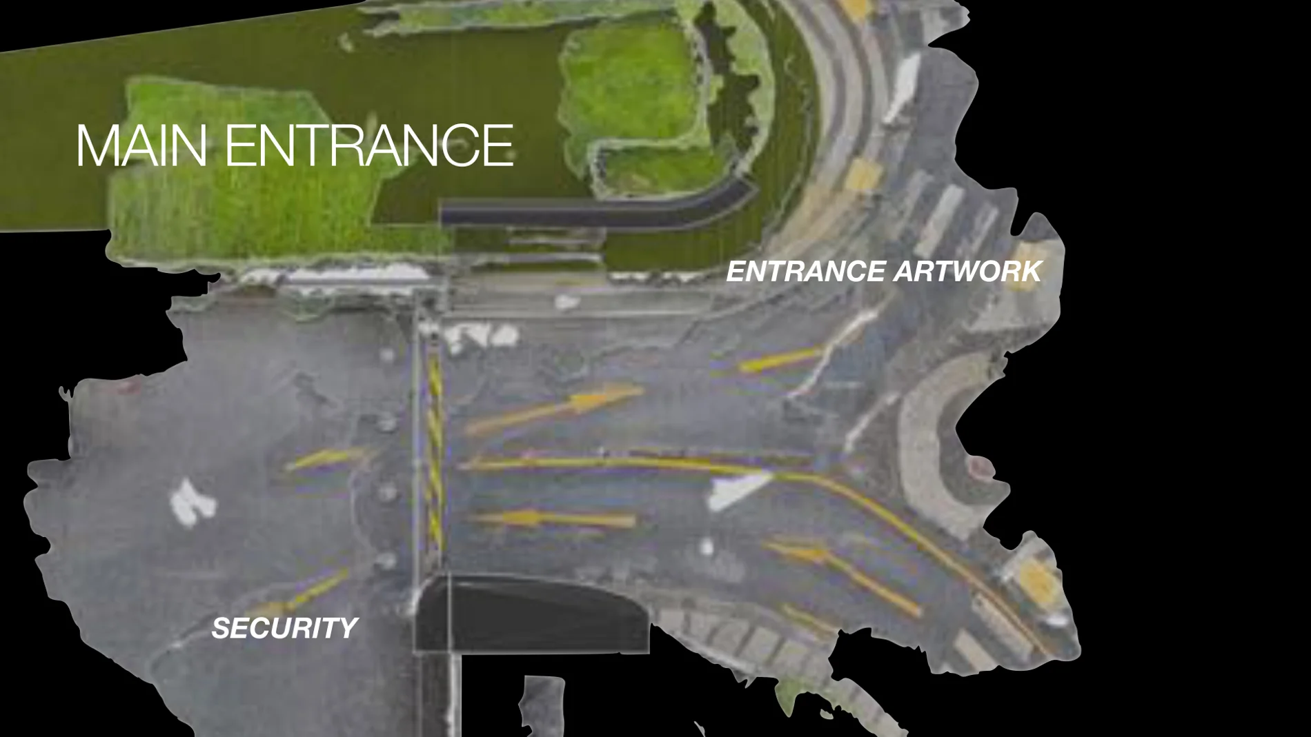 Site analysis identifying the main entrance, entrance artwork and security cabin