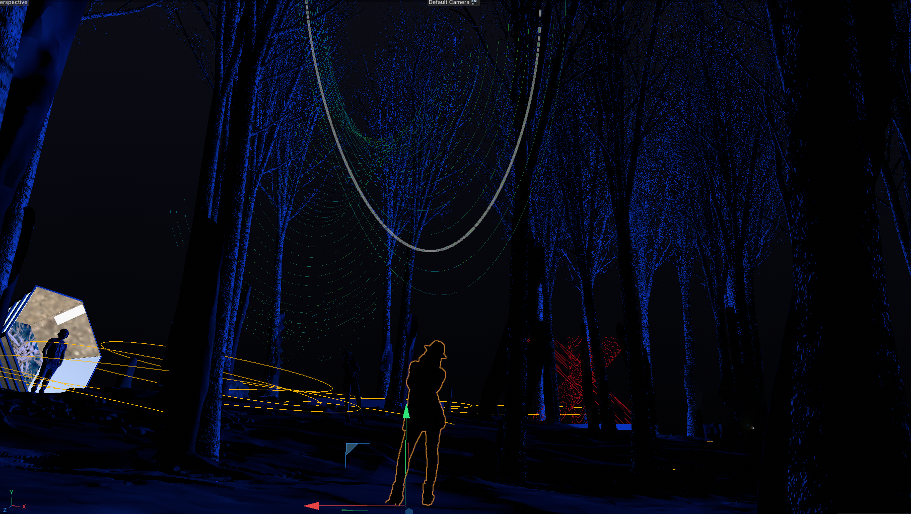 Curvature modeled among the forest trees, with a figure showing the scale of the installation