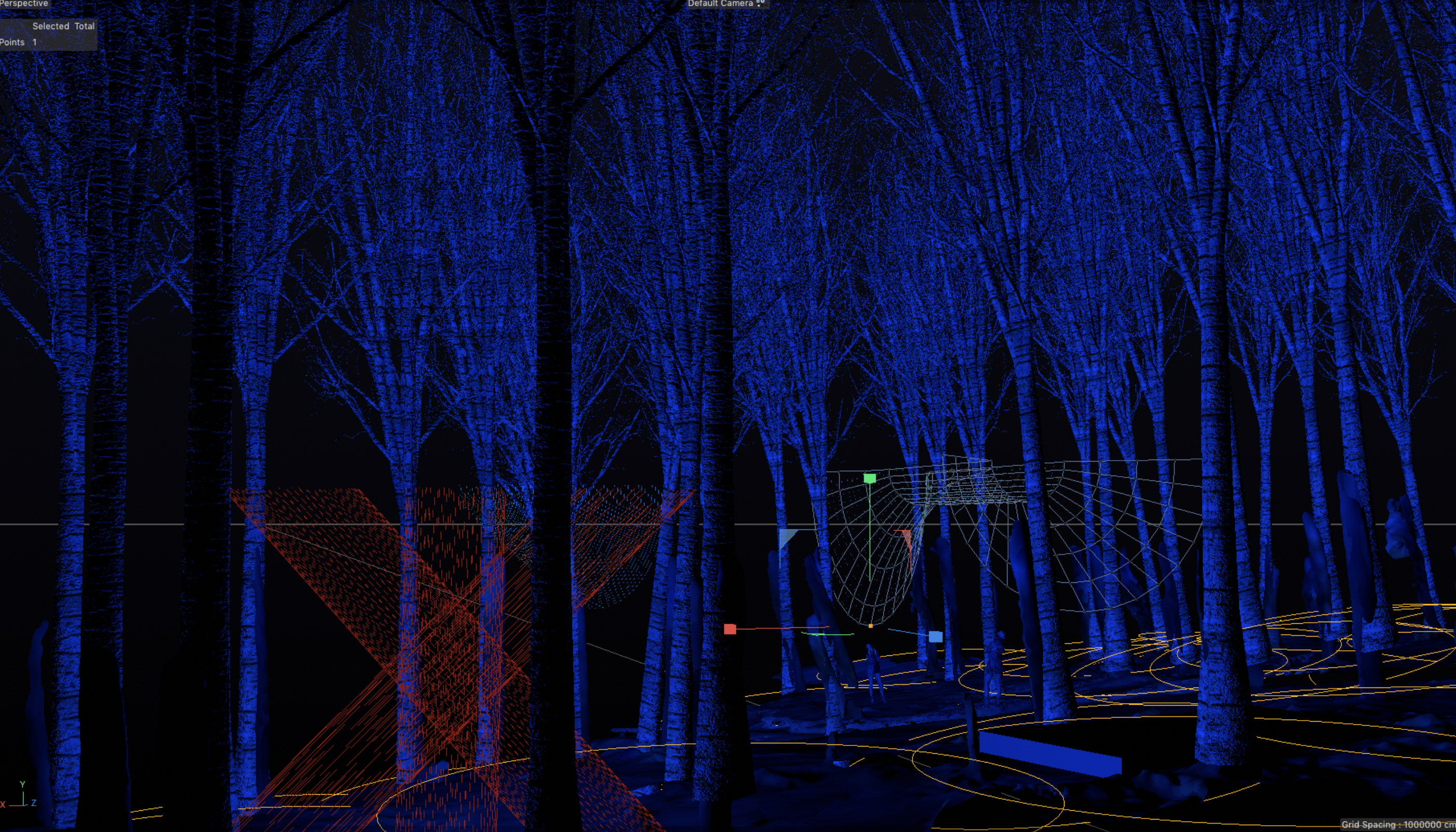 A 3D model of the forest showing the planned positions of Curvature, Intersection and Space